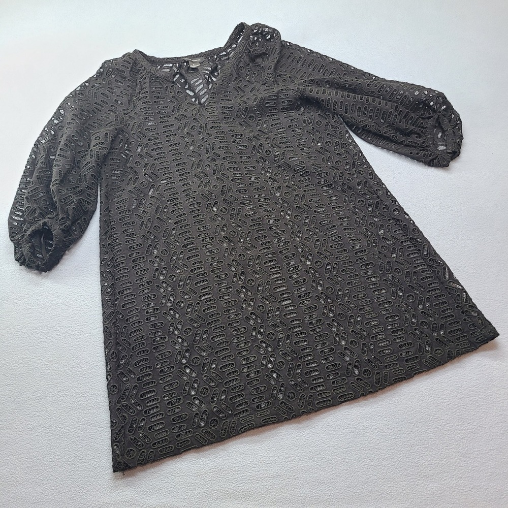 Club Monaco Eyelet Lace Dress Women S Black Excellent V-Neck Balloon Sleeve